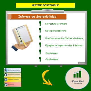 @comodirigirunaempresa
@claudiekarolconsultora
@comodirigir
@comodirigirunaempresa
Informe de Sostenibilidad
Indicadores
Humanos
Estructura y Formato
Pasos para elaborarlo
Clasificación de los ODS en el informe
Ejemplos de impacto en los 4 ámbitos
Indicadores
Conclusiones
MIPYME SOSTENIBLE
 