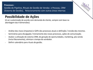 Possibilidade de Ações
(A ser customizado de acordo com demanda do cliente, sempre com base na
abordagem das 4 dimensões)
- Análise dos riscos (impactos) e GAPs dos processos atuais e definição / revisão dos mesmos.
- Seminários para divulgação / treinamento dos novos processos, ações de comunicação.
- Avaliar a utilização do sistema CRM, de geração de oportunidades, marketing, pós-venda
(inclui faturamento), otimizar o tempo do vendedor.
- Definir calendário para rituais de gestão.
Processos:
Gestão do Pipeline, Rituais de Gestão de Vendas e Pessoas, CRM
(Sistema de Gestão), Relacionamento com outras áreas internas
 