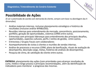 Diagnóstico / Entendimento do Cenário Existente
• Análise materiais internos, inclusive planejamento estratégico e histórico de
resultados (inclusive análise WIN&LOSS).
• Reuniões internas para entendimento do mercado, concorrência, posicionamento,
portfólio, geração de oportunidades, sistemas (CRM) entre outras.
• Entrevistas com principais lideranças para entendimento dos principais desafios,
oportunidades, aspectos culturais, perfis / estilos de gestão, entre outros.
• Entrevistas / Grupos Focais com colaboradores
• Acompanhamento de visitas à clientes e reuniões de vendas internas.
• Análise de processos e recursos (CRM, plano de bonificação, rituais de avaliação de
desempenho, descrição cargo, metas, histórico de análises de desempenho).
• Pesquisa de clima, de satisfação do cliente entre outras.
ENTREGA: planejamento das ações (com prioridades para alcançar resultados de
curto, médio e longo prazos) e principais recomendações, além da identificação de
indicadores para monitorar o progresso das mesmas.
Possibilidade de Ações
(A ser customizado de acordo com demanda do cliente, sempre com base na abordagem das 4
dimensões)
 