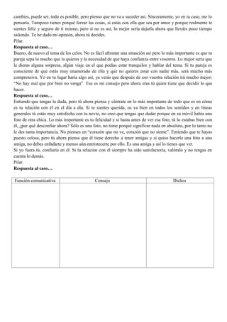 cambies, puede ser, todo es posible, pero pienso que no va a suceder así. Sinceramente, yo en tu caso, me lo
pensaría. Tampoco tienes porqué forzar las cosas, si estás con ella que sea por amor y porque realmente te
sientes feliz y seguro de ti mismo, pero si no es así, lo mejor sería dejarla ahora que lleváis poco tiempo
saliendo. Te he dado mi opinión, ahora tú decides.
Pilar.
Respuesta al caso…
Bueno, de nuevo el tema de los celos. No es fácil afrontar una situación así pero lo más importante es que tu
pareja sepa lo mucho que la quieres y la necesidad de que haya confianza entre vosotros. Lo mejor sería que
le dieras alguna sorpresa, algún viaje en el que podías estar tranquilos y hablar del tema. Si tu pareja es
consciente de que estás muy enamorado de ella y que no quieres estar con nadie más, será mucho más
comprensiva. Yo en tu lugar haría algo así, ya verás que después de eso vuestra relación irá mucho mejor:
“No hay mal que por bien no venga” Ese es mi consejo pero ahora eres tú quien tiene que decidir lo que
hacer.
Respuesta al caso…
Entiendo que tengas la duda, pero tú ahora piensa y céntrate en lo más importante de todo que es en cómo
es tu relación con él en el día a día. Si te sientes querida, os va bien en todos los sentidos y en líneas
generales tú estás muy satisfecha con tu novio, no creo que tengas que dudar porque en su móvil había una
foto de otra chica. Lo más importante es tu felicidad y si hasta antes de ver esa foto, tú lo estabas bien con
él, ¿por qué desconfiar ahora? Sólo es una foto, no tiene porqué significar nada en absoluto, por lo tanto no
le des tanta importancia. No pienses en “corazón que no ve, corazón que no siente”. Entiendo que te hayas
puesto celosa, pero tú ahora piensa que él tiene derecho a tener amigas y si quiso hacerle una foto a una
amiga, no debes enfadarte y menos aún entristecerte por ello. Es una amiga y así lo tienes que ver.
Si yo fuera tú, confiaría en él. Si tu relación con él siempre ha sido satisfactoria, valóralo y no tengas en
cuenta lo demás.
Pilar.
Respuesta al caso…
Función comunicativa Consejo Dichos
 