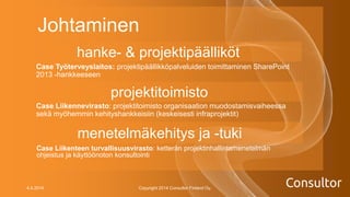 Johtaminen
Case Liikennevirasto: projektitoimisto organisaation muodostamisvaiheessa
sekä myöhemmin kehityshankkeisiin (keskeisesti infraprojektit)
4.4.2014 Copyright 2014 Consultor Finland Oy.
hanke- & projektipäälliköt
projektitoimisto
menetelmäkehitys ja -tuki
Case Työterveyslaitos: projektipäällikköpalveluiden toimittaminen SharePoint
2013 -hankkeeseen
Case Liikenteen turvallisuusvirasto: ketterän projektinhallintamenetelmän
ohjeistus ja käyttöönoton konsultointi
 