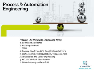 Program -2 : Worldwide Engineering Terms
a. Codes and Standards
b. HSE Requirements
c. FEED
d. Enquiry, Tender and it’s Qualification Criteria's
e. Techno-Commercial Quotation / Proposals /BID
f. Deliverables and Detail Engineering
g. FAT, SAT and SIT, Construction
h. Commissioning and A s-Built
 