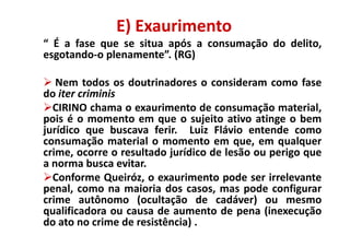 E) Exaurimento
“ É a fase que se situa após a consumação do delito,
esgotando-o plenamente”. (RG)

   Nem todos os doutrinadores o consideram como fase
do iter criminis
  CIRINO chama o exaurimento de consumação material,
pois é o momento em que o sujeito ativo atinge o bem
jurídico que buscava ferir. Luiz Flávio entende como
consumação material o momento em que, em qualquer
crime, ocorre o resultado jurídico de lesão ou perigo que
a norma busca evitar.
  Conforme Queiróz, o exaurimento pode ser irrelevante
penal, como na maioria dos casos, mas pode configurar
crime autônomo (ocultação de cadáver) ou mesmo
qualificadora ou causa de aumento de pena (inexecução
do ato no crime de resistência) .
 