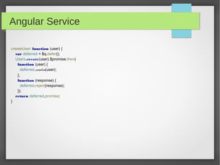 Angular Service
createUser: function (user) {
var deferred = $q.defer();
Users.create(user).$promise.then(
function (user) {
deferred.resolve(user);
},
function (response) {
deferred.reject(response);
});
return deferred.promise;
}
 