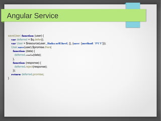 Angular Service
saveUser: function (user) {
var deferred = $q.defer();
var User = $resource(user._links.self.href, {}, {save: {method: 'PUT'}});
User.save(user).$promise.then(
function (data) {
deferred.resolve(data);
},
function (response) {
deferred.reject(response);
});
return deferred.promise;
}
 