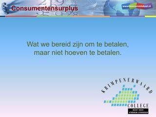 www.economielokaal.nl
Wat we bereid zijn om te betalen,
maar niet hoeven te betalen.
Consumentensurplus
 
