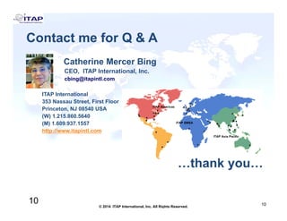 Contact me for Q & A
Catherine Mercer Bing
Contact me for Q & A
CEO, ITAP International, Inc.
cbing@itapintl.com
ITAP International
353 Nassau Street, First Floor
Princeton, NJ 08540 USA
(W) 1.215.860.5640
(M) 1 609 937 1557(M) 1.609.937.1557
http://www.itapintl.com
…thank you…
10
10© 2014 ITAP International, Inc. All Rights Reserved.
10
 