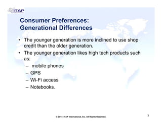 Consumer Preferences:
Generational Differences
Th ti i i li d t h• The younger generation is more inclined to use shop
credit than the older generation.
• The younger generation likes high tech products suchy g g g p
as:
– mobile phones
– GPS
– Wi-Fi access
Notebooks– Notebooks.
3
3© 2014 ITAP International, Inc. All Rights Reserved.
 