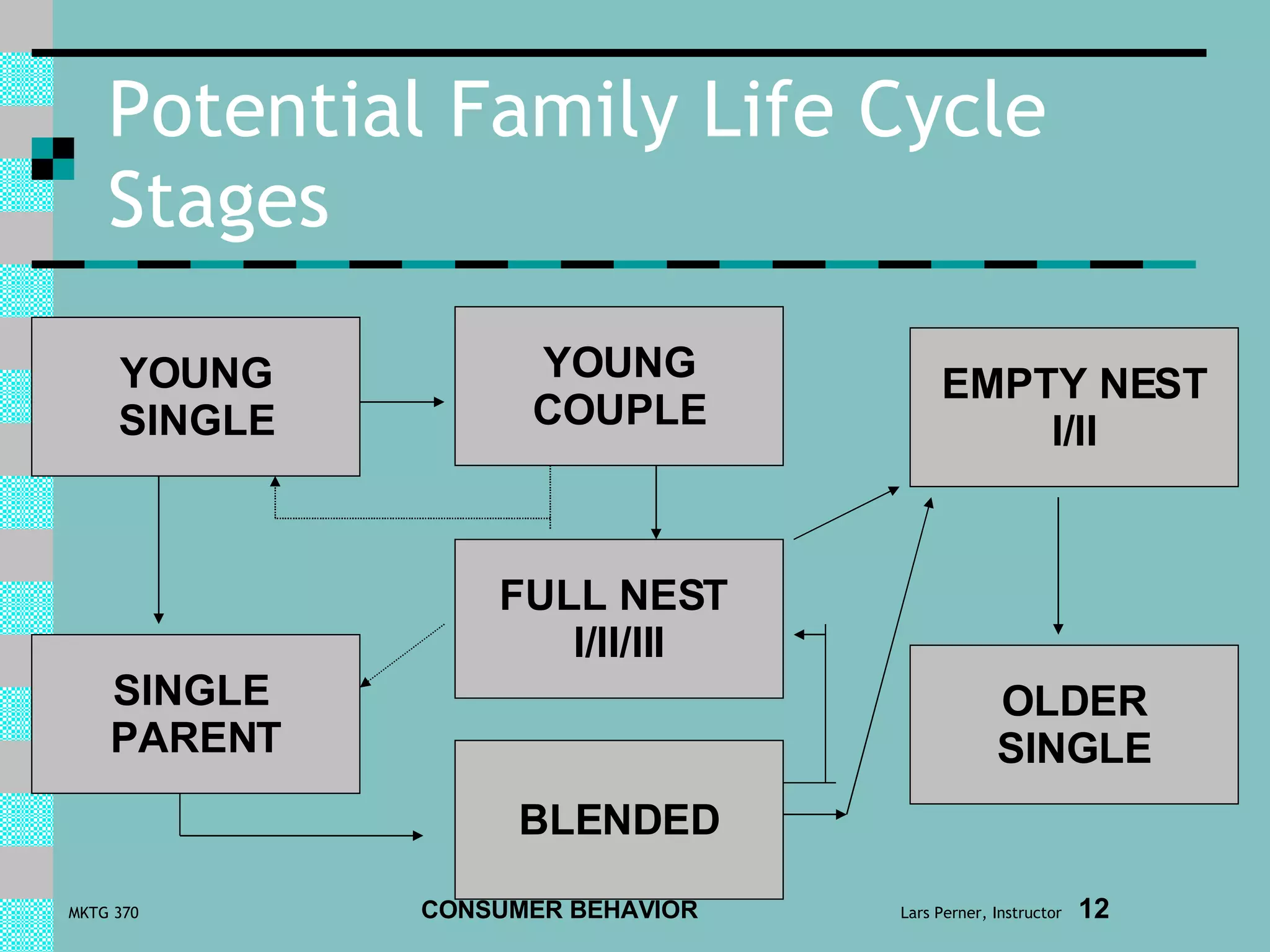 Potential Family Life Cycle Stages YOUNG SINGLE BLENDED SINGLE  PARENT FULL NEST  I/II/III EMPTY NEST I/II OLDER SINGLE YOUNG COUPLE 