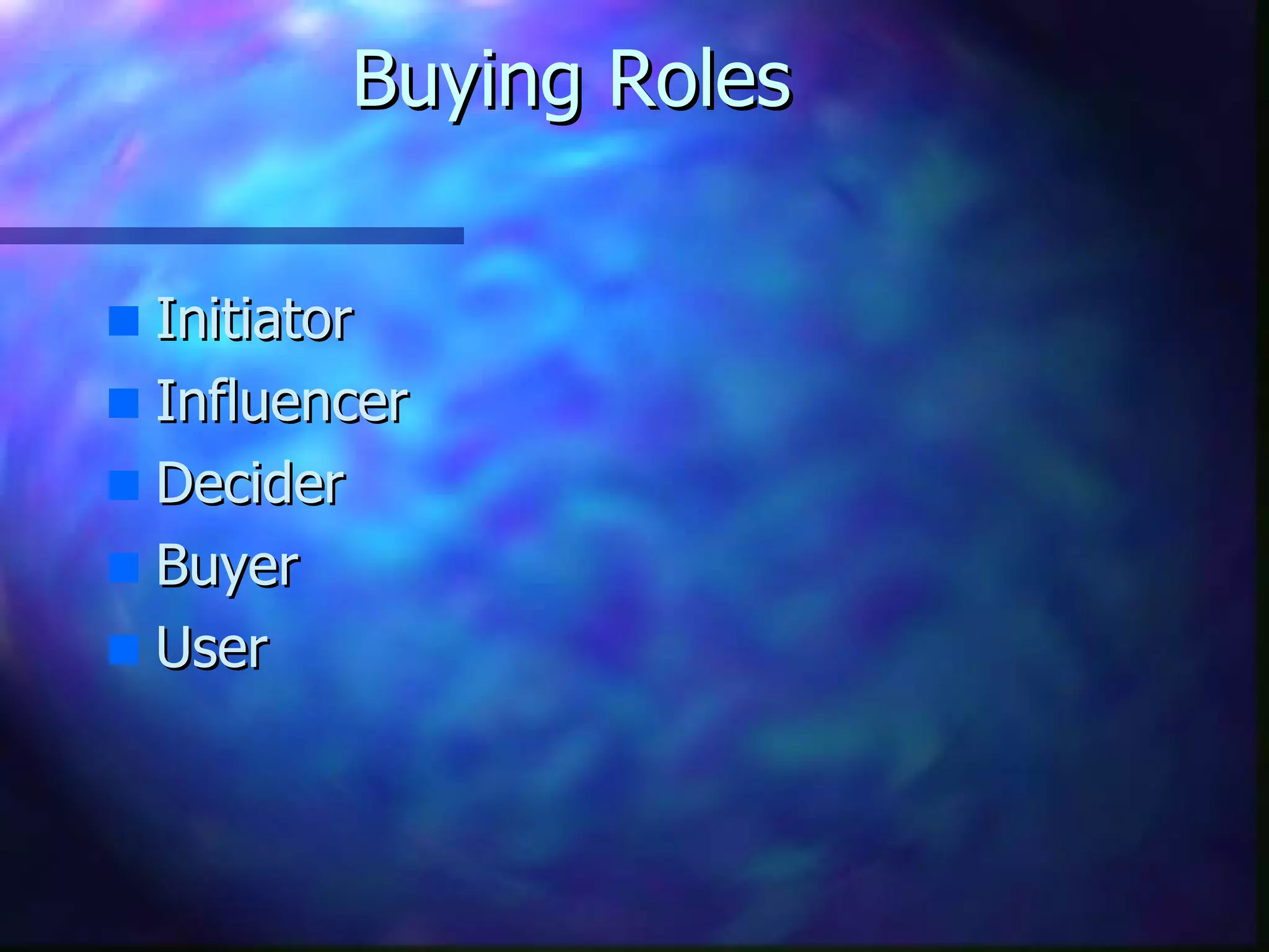 Buying Roles Initiator Influencer Decider Buyer User 