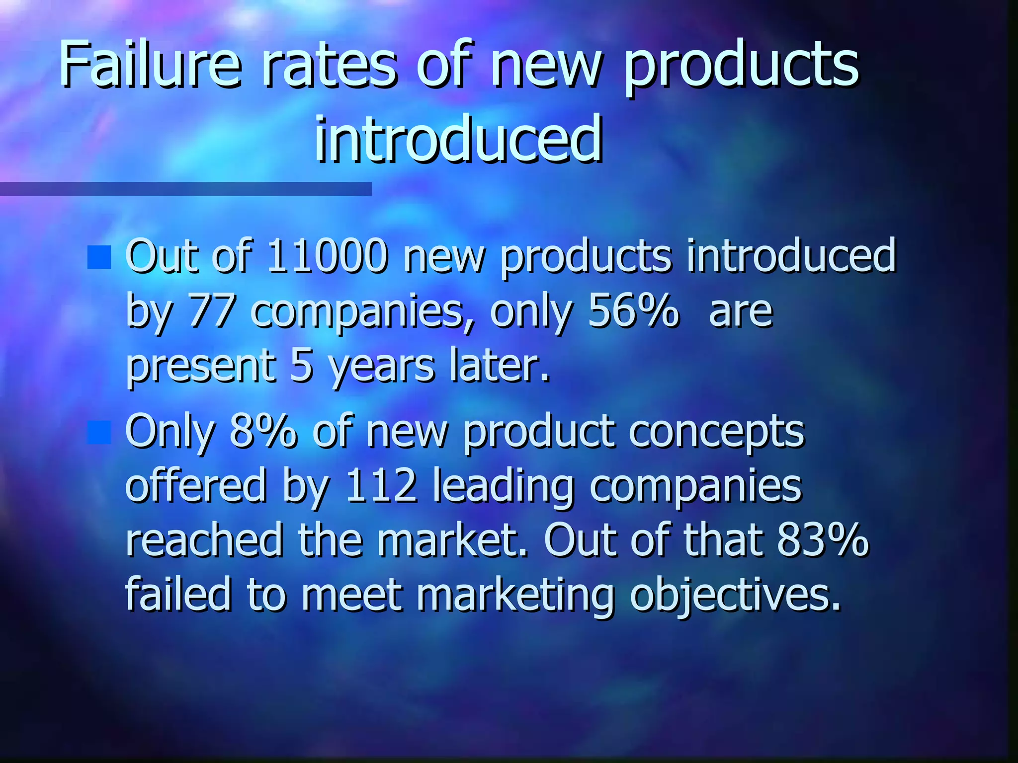 Failure rates of new products introduced Out of 11000 new products introduced by 77 companies, only 56%  are present 5 years later. Only 8% of new product concepts offered by 112 leading companies reached the market. Out of that 83% failed to meet marketing objectives. 