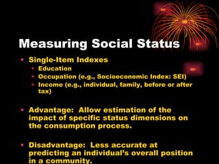 Measuring Social Status Single-Item Indexes Education Occupation (e.g., Socioeconomic Index: SEI) Income (e.g., individual, family, before or after tax) Advantage:  Allow estimation of the impact of specific status dimensions on the consumption process. Disadvantage:  Less accurate at predicting an individual’s overall position in a community. 