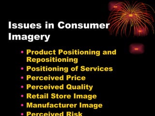 Issues in Consumer Imagery Product Positioning and Repositioning Positioning of Services Perceived Price Perceived Quality Retail Store Image Manufacturer Image Perceived Risk 