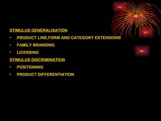 STIMULUS GENERALISATION PRODUCT LINE,FORM AND CATEGORY EXTENSIONS FAMILY BRANDING LICENSING STIMULUS DISCRIMINATION POSITIONING PRODUCT DIFFERENTIATION 