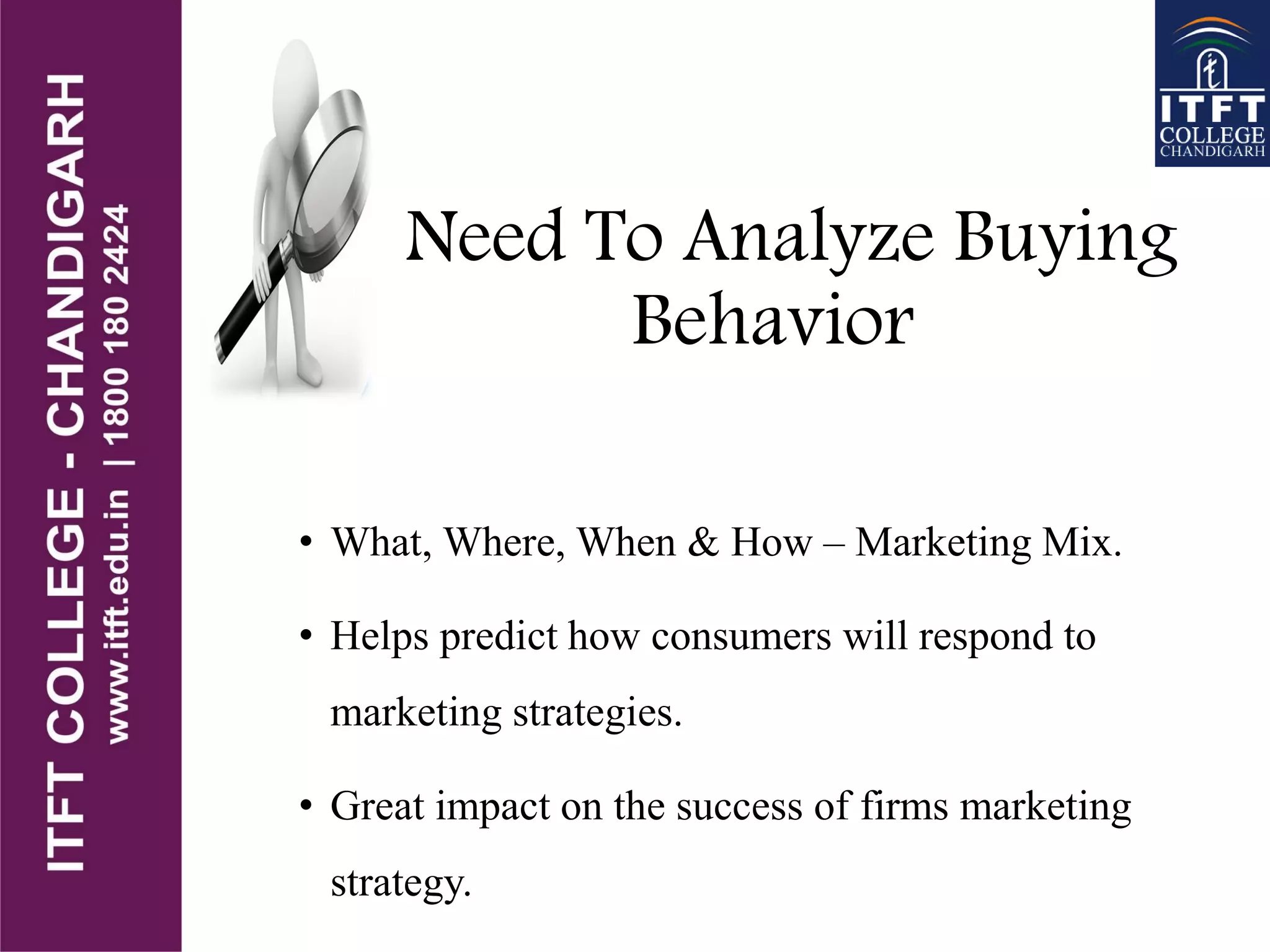 Need To Analyze Buying
Behavior
• What, Where, When & How – Marketing Mix.
• Helps predict how consumers will respond to
marketing strategies.
• Great impact on the success of firms marketing
strategy.
 
