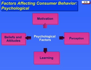 Factors Affecting Consumer Behavior: Psychological Psychological   Factors Motivation P erception Learning Beliefs and  Attitudes 