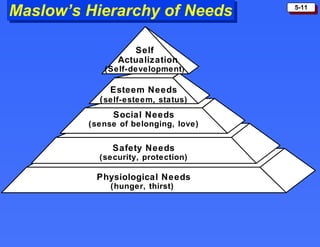 Maslow’s Hierarchy of Needs Esteem Needs ( self-esteem, status) Social Needs (sense of belonging, love) Safety Needs (security, protection) Physiological Needs (hunger, thirst)  Self Actualization (Self-development ) 
