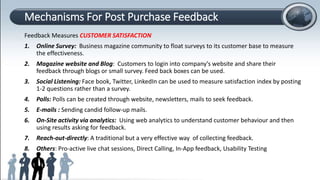 Mechanisms For Post Purchase Feedback
Feedback Measures CUSTOMER SATISFACTION
1. Online Survey: Business magazine community to float surveys to its customer base to measure
the effectiveness.
2. Magazine website and Blog: Customers to login into company's website and share their
feedback through blogs or small survey. Feed back boxes can be used.
3. Social Listening: Face book, Twitter, LinkedIn can be used to measure satisfaction index by posting
1-2 questions rather than a survey.
4. Polls: Polls can be created through website, newsletters, mails to seek feedback.
5. E-mails : Sending candid follow-up mails.
6. On-Site activity via analytics: Using web analytics to understand customer behaviour and then
using results asking for feedback.
7. Reach-out-directly: A traditional but a very effective way of collecting feedback.
8. Others: Pro-active live chat sessions, Direct Calling, In-App feedback, Usability Testing
 