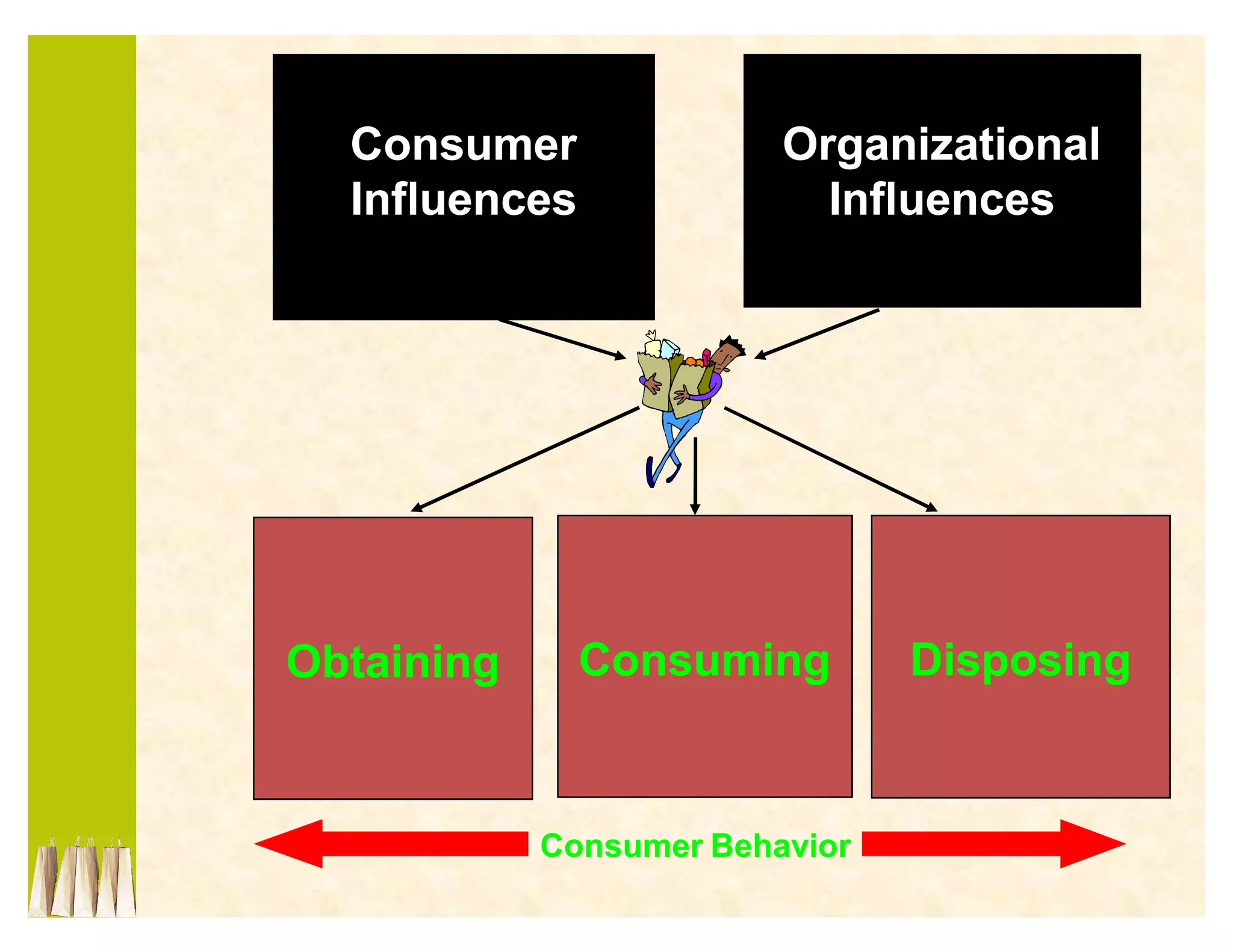 Consumer               Organizational
  Influences               Influences




Obtaining      Consuming        Disposing


            Consumer Behavior
 