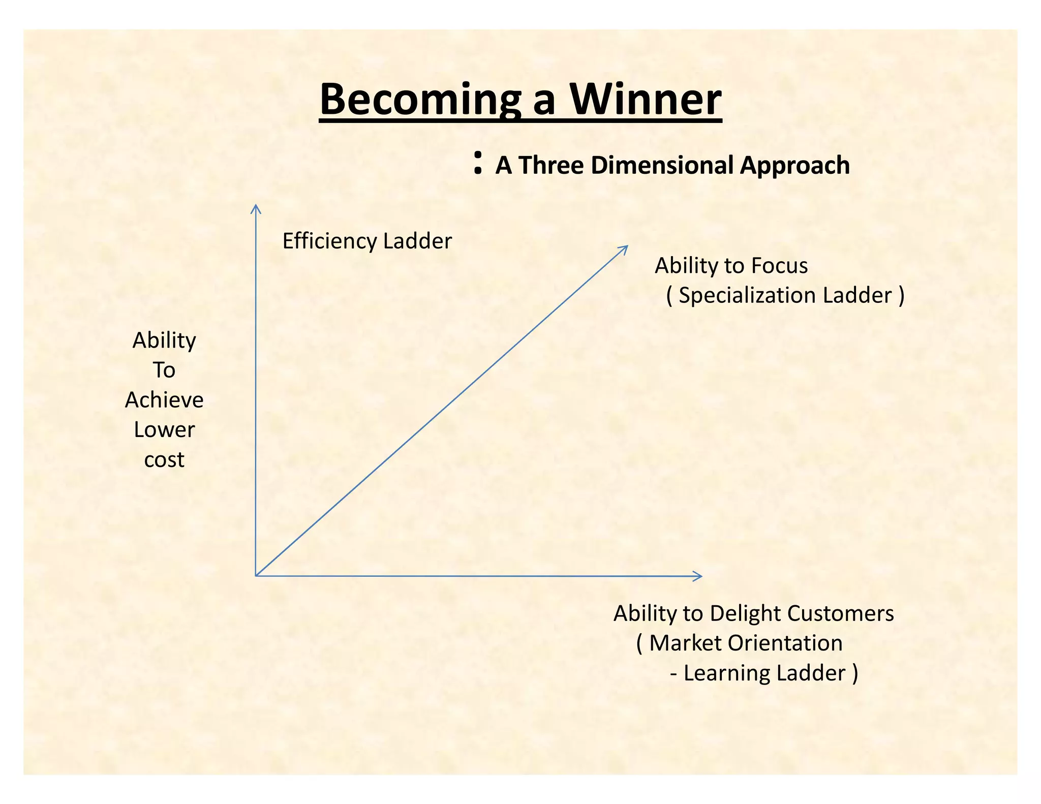 Becoming a Winner
                    : A Three Dimensional Approach
           Efficiency Ladder
                                     Ability to Focus
                                      ( Specialization Ladder )
 Ability
   To
Achieve
 Lower
  cost




                                 Ability to Delight Customers
                                   ( Market Orientation
                                       - Learning Ladder )
 
