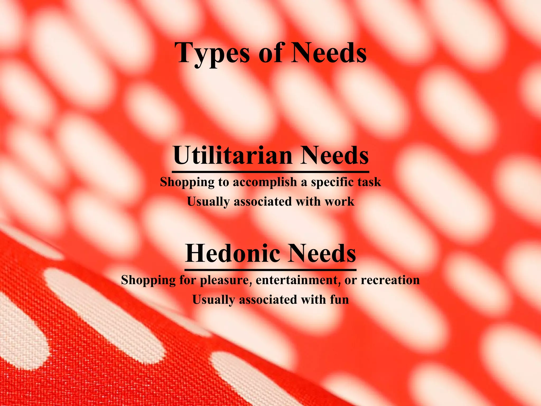 Types of Needs Utilitarian Needs Shopping to accomplish a specific task Usually associated with work Hedonic Needs Shopping for pleasure, entertainment, or recreation Usually associated with fun