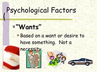 Psychological Factors “ Wants” Based on a want or desire to have something.  Not a necessity.   