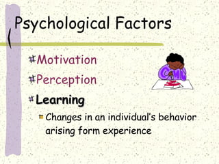 Psychological Factors Motivation Perception Learning Changes in an individual’s behavior arising form experience 