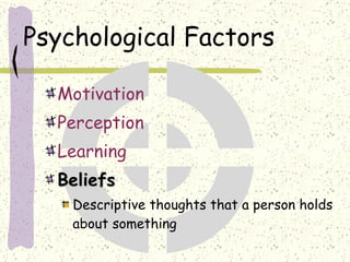 Psychological Factors Motivation Perception  Learning Beliefs Descriptive thoughts that a person holds about something 