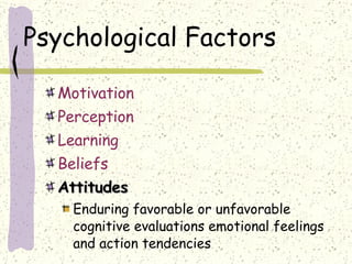 Psychological Factors Motivation Perception Learning Beliefs Attitudes Enduring favorable or unfavorable cognitive evaluations emotional feelings and action tendencies 