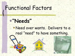 Functional Factors “ Needs” Need over wants.  Delivers to a real “need” to have something. 
