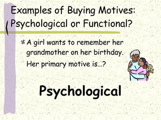 Examples of Buying Motives: Psychological or Functional? A girl wants to remember her grandmother on her birthday. Her primary motive is…? Psychological 