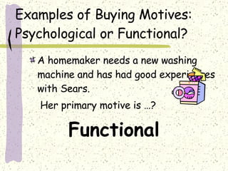 Examples of Buying Motives: Psychological or Functional? A homemaker needs a new washing machine and has had good experiences with Sears. Her primary motive is …? Functional 