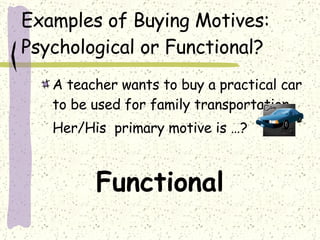 Examples of Buying Motives: Psychological or Functional? A teacher wants to buy a practical car to be used for family transportation. Her/His  primary motive is …? Functional 