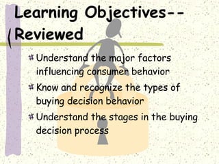 Learning Objectives--Reviewed Understand the major factors influencing consumer behavior Know and recognize the types of buying decision behavior Understand the stages in the buying decision process 
