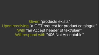 Given ”products exists”
Upon receiving ”a GET request for product catalogue”
With “an Accept header of text/plain”
Will respond with ”406 Not Acceptable”
 