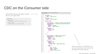 CDC on the Consumer side
4) Pact Mock Service generates contract
files for successful tests
These contracts, in a CDC flow, can
now be shared and used to drive the
development of the provider.
Paulo Clavijo @pclavijo - January 2018
 