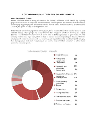 1. OVERVIEW OF INDIA’S CONSUMER DURABLES MARKET

India’s Consumer Market
India’s consumer market is riding the crest of the country’s economic boom. Driven by a young
population with access to disposable incomes and easy finance options, the consumer market has been
throwing up staggering figures. The Indian durables market, with a market size of US$ 27.38 billion in
2008–09, has grown by 7.1% over the previous year.

India officially classifies its population in five groups, based on annual household income (based on year
1995-96 indices). These groups are: Lower Income; three subgroups of Middle Income; and Higher
Income. Household income in the top 20 boom cities in India is projected to grow at 10 per cent
annually over the next eight years, which is likely to increase consumer spending on durables. With the
emergence of concepts such as quick and easy loan, zero equated monthly installment (EMI) charges,
loan through credit card, loan over phone, it has become easy for Indian consumers to afford more
expensive consumer goods.
 