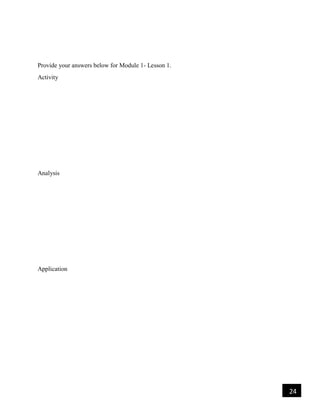 24
Provide your answers below for Module 1- Lesson 1.
Activity
Analysis
Application
 