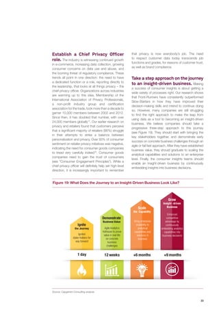 23
Establish a Chief Privacy Officer
role. The industry is witnessing continued growth
in e-commerce, increasing data collection, growing
consumer concerns on data use and abuse, and
the looming threat of regulatory compliance. These
trends all point in one direction: the need to have
a dedicated function or a role, reporting directly to
the leadership, that looks at all things privacy – the
chief privacy officer. Organizations across industries
are warming up to this idea. Membership of the
International Association of Privacy Professionals,
a non-profit industry group and certification
association for the trade, took more than a decade to
garner 10,000 members between 2002 and 2012.
Since then, it has doubled that number, with over
24,000 members globally15
. Our earlier research on
privacy and retailers found that customers perceive
that a significant majority of retailers (86%) struggle
in their attempts to strike a balance between
personalization and privacy. Over 93% of consumer
sentiment on retailer privacy initiatives was negative,
indicating the need for consumer goods companies
to tread very carefully indeed16
. Consumer goods
companies need to gain the trust of consumers
(see “Consumer Engagement Principles”). While a
chief privacy officer will definitely help set high-level
direction, it is increasingly important to remember
that privacy is now everybody’s job. The need
to respect customer data today transcends job
functions and grades, for reasons of customer trust,
as well as brand compliance.
Take a step approach on the journey
to an insight-driven business. Making
a success of consumer insights is about getting a
wide variety of processes right. Our research shows
that Front-Runners have consistently outperformed
Slow-Starters in how they have improved their
decision-making skills and intend to continue doing
so. However, many companies are still struggling
to find the right approach to make the leap from
using data as a tool to becoming an insight-driven
business. We believe companies should take a
progressive three-step approach to this journey
(see Figure 19). They should start with bringing the
key stakeholders together, and demonstrate early
success on concrete business challenges through an
agile or fail fast approach. After they have established
business value, they should graduate to scaling the
analytical capabilities and solutions to an enterprise
level. Finally, the consumer insights teams should
enable an insight-driven business by continuously
embedding insights into business decisions.
Source: Capgemini Consulting analysis
Figure 19: What Does the Journey to an Insight-Driven Business Look Like?
12 weeks +9 months+6 months
Demonstrate
Business Value
Scale
the Capability
Grow
Insight -driven
Business
Ignite
the Journey
1 day
Ignited
stake-holders for
way forward
Agile Analytics
hothouse to prove
value in real life
on concrete
business
challenges
Bring enterprise
scalability to
analytical
capabilities and
solutions in
business
Enhanced
competitive
advantage by
continuously
embedding analytics
capabilities into
business decisions
 
