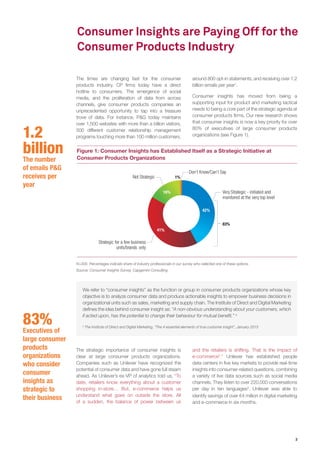3
1.2
billion
The number
of emails P&G
receives per
year
83%
Executives of
large consumer
products
organizations
who consider
consumer
insights as
strategic to
their business
Consumer Insights are Paying Off for the
Consumer Products Industry
Figure 1: Consumer Insights has Established Itself as a Strategic Initiative at
Consumer Products Organizations
N=300. Percentages indicate share of industry professionals in our survey who selected one of these options.
Source: Consumer Insights Survey, Capgemini Consulting
The times are changing fast for the consumer
products industry. CP firms today have a direct
hotline to consumers. The emergence of social
media, and the proliferation of data from across
channels, give consumer products companies an
unprecedented opportunity to tap into a treasure
trove of data. For instance, P&G today maintains
over 1,500 websites with more than a billion visitors,
500 different customer relationship management
programs touching more than 100 million customers,
around 800 opt-in statements, and receiving over 1.2
billion emails per year1
.
Consumer insights has moved from being a
supporting input for product and marketing tactical
needs to being a core part of the strategic agenda at
consumer products firms. Our new research shows
that consumer insights is now a key priority for over
80% of executives of large consumer products
organizations (see Figure 1).
The strategic importance of consumer insights is
clear at large consumer products organizations.
Companies such as Unilever have recognized the
potential of consumer data and have gone full steam
ahead. As Unilever’s ex-VP of analytics told us, “To
date, retailers know everything about a customer
shopping in-store… But, e-commerce helps us
understand what goes on outside the store. All
of a sudden, the balance of power between us
We refer to “consumer insights” as the function or group in consumer products organizations whose key
objective is to analyze consumer data and produce actionable insights to empower business decisions in
organizational units such as sales, marketing and supply chain. The Institute of Direct and Digital Marketing
defines the idea behind consumer insight as: “A non-obvious understanding about your customers, which
if acted upon, has the potential to change their behaviour for mutual benefit.” a
a
The Institute of Direct and Digital Marketing, “The 4 essential elements of true customer insight”, January 2015
1%
83%
Not Strategic
Strategic for a few business
units/brands only
Don’t Know/Can’t Say
Very Strategic - initiated and
monitored at the very top level
16%
41%
42%
and the retailers is shifting. That is the impact of
e-commerce2
.” Unilever has established people
data centers in five key markets to provide real-time
insights into consumer-related questions, combining
a variety of live data sources such as social media
channels. They listen to over 220,000 conversations
per day in ten languages3
. Unilever was able to
identify savings of over €4 million in digital marketing
and e-commerce in six months.
 