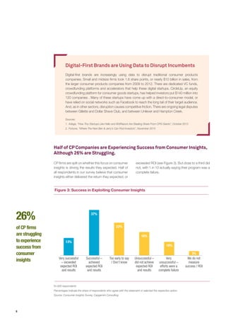 6
13%
37%
22%
16%
10%
3%
Very successful
– exceeded
expected ROI
and results
Successful –
achieved
expected ROI
and results
Too early to say
/ Don’t know
Unsuccessful –
did not achieve
expected ROI
and results
Very
unsuccessful –
efforts were a
complete failure
We do not
measure
success / ROI
26%
of CP firms
are struggling
to experience
success from
consumer
insights
Figure 3: Success in Exploiting Consumer Insights
N=300 respondents
Percentages indicate the share of respondents who agree with the statement or selected the respective option.
Source: Consumer Insights Survey, Capgemini Consulting
Half of CP Companies are Experiencing Success from Consumer Insights,
Although 26% are Struggling.
Digital-First Brands are Using Data to Disrupt Incumbents
Digital-first brands are increasingly using data to disrupt traditional consumer products
companies. Small and midsize firms took 1.6 share points, or nearly $10 billion in sales, from
the larger consumer products companies from 2009 to 2012. There are dedicated VC funds,
crowdfunding platforms and accelerators that help these digital startups. CircleUp, an equity
crowdfunding platform for consumer goods startups, has helped investors put $140 million into
120 companies . Many of these startups have come up with a direct-to-consumer model, or
have relied on social networks such as Facebook to reach the long tail of their target audience.
And, as in other sectors, disruption causes competitive friction. There are ongoing legal disputes
between Gillette and Dollar Shave Club, and between Unilever and Hampton Creek.
Sources:
1.	Adage, “How Tiny Startups Like Hello and 800Razors Are Stealing Share From CPG Giants”, October 2013
2.	Fortune, “Where The Next Ben & Jerry’s Can Find Investors”, November 2015
CP firms are split on whether this focus on consumer
insights is driving the results they expected. Half of
all respondents in our survey believe that consumer
insights either delivered the return they expected, or
exceeded ROI (see Figure 3). But close to a third did
not, with 1 in 10 actually saying their program was a
complete failure.
 