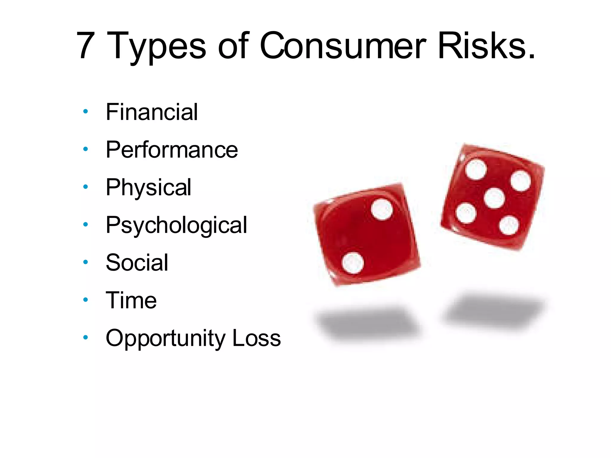 7 Types of Consumer Risks. Financial Performance Physical Psychological Social Time Opportunity Loss 