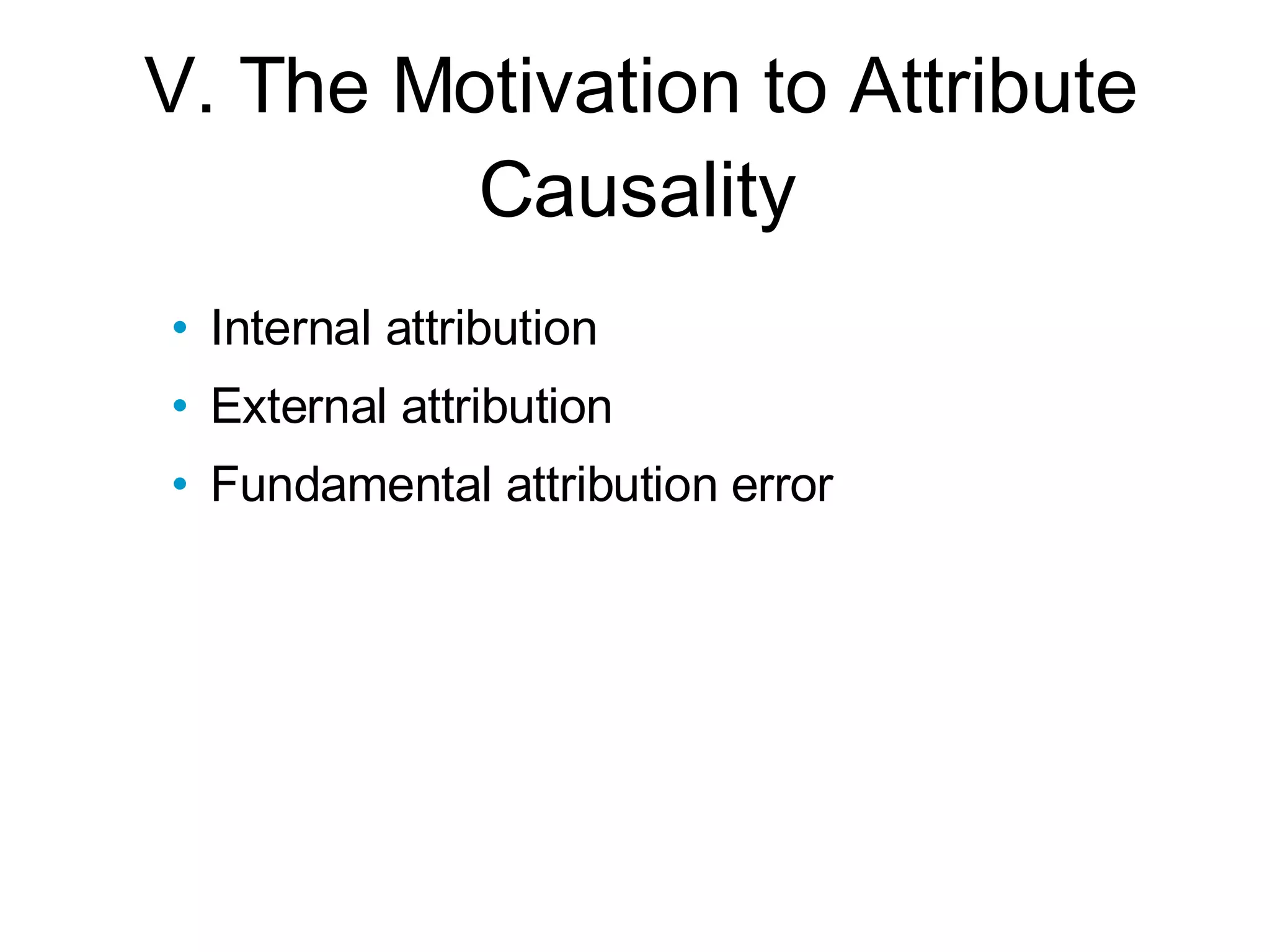 V. The Motivation to Attribute Causality Internal attribution External attribution Fundamental attribution error 