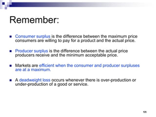 11
Remember:
 Consumer surplus is the difference between the maximum price
consumers are willing to pay for a product and the actual price.
 Producer surplus is the difference between the actual price
producers receive and the minimum acceptable price.
 Markets are efficient when the consumer and producer surpluses
are at a maximum.
 A deadweight loss occurs whenever there is over-production or
under-production of a good or service.
 