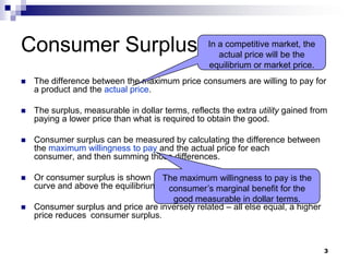 3
Consumer Surplus
 The difference between the maximum price consumers are willing to pay for
a product and the actual price.
 The surplus, measurable in dollar terms, reflects the extra utility gained from
paying a lower price than what is required to obtain the good.
 Consumer surplus can be measured by calculating the difference between
the maximum willingness to pay and the actual price for each
consumer, and then summing those differences.
 Or consumer surplus is shown graphically as the area under the demand
curve and above the equilibrium price.
 Consumer surplus and price are inversely related – all else equal, a higher
price reduces consumer surplus.
In a competitive market, the
actual price will be the
equilibrium or market price.
The maximum willingness to pay is the
consumer’s marginal benefit for the
good measurable in dollar terms.
 