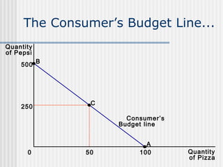The Consumer’s Budget Line...
Quantity
of Pepsi
500

250

B

C
Consumer’s
Budget line

0

50

A
100

Quantity
of Pizza

 