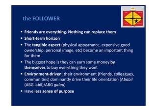 the FOLLOWER

Friends are everything. Nothing can replace them
Short-term horizon
The tangible aspect (physical appearance, expensive good
ownership, personal image, etc) become an important thing
for them
The biggest hope is they can earn some money by
themselves to buy everything they want
Environment-driven: their environment (friends, colleagues,
communities) dominantly drive their life orientation (Ababil
(ABG labil)/ABG galau)
Have less sense of purpose
 