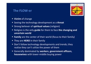 The FLOW-er

Victim of change
Seeing the technology development as a threat
Strong believer of spiritual values (religion)
Religion is the only guide for them to face the changing and
uncertain world
Family are the center of their world (focus to their family)
They are HERO in their family
Don’t follow technology developments and trends; they
realize they can’t utilize the power of them
Generally dominated by workers, government officers,
housewives with lower-middle buying power
 