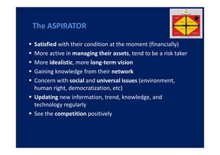 The ASPIRATOR

Satisfied with their condition at the moment (financially)
More active in managing their assets, tend to be a risk taker
More idealistic, more long-term vision
Gaining knowledge from their network
Concern with social and universal issues (environment,
human right, democratization, etc)
Updating new information, trend, knowledge, and
technology regularly
See the competition positively
 