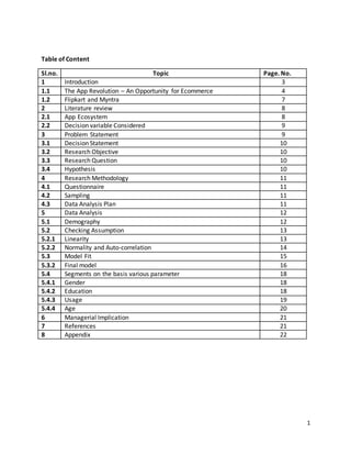 1
Table of Content
Sl.no. Topic Page. No.
1 Introduction 3
1.1 The App Revolution – An Opportunity for Ecommerce 4
1.2 Flipkart and Myntra 7
2 Literature review 8
2.1 App Ecosystem 8
2.2 Decision variable Considered 9
3 Problem Statement 9
3.1 Decision Statement 10
3.2 Research Objective 10
3.3 Research Question 10
3.4 Hypothesis 10
4 Research Methodology 11
4.1 Questionnaire 11
4.2 Sampling 11
4.3 Data Analysis Plan 11
5 Data Analysis 12
5.1 Demography 12
5.2 Checking Assumption 13
5.2.1 Linearity 13
5.2.2 Normality and Auto-correlation 14
5.3 Model Fit 15
5.3.2 Final model 16
5.4 Segments on the basis various parameter 18
5.4.1 Gender 18
5.4.2 Education 18
5.4.3 Usage 19
5.4.4 Age 20
6 Managerial Implication 21
7 References 21
8 Appendix 22
 
